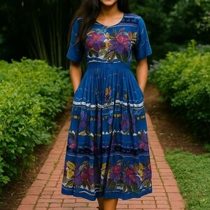 Vtg 90s Jasmine Petite by KVM Dress Size PL Blue Floral Full Skirt Cottagecore